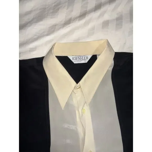 VINTAGE MENS GENELLI Black And Cream Two Tone SILK SHIRT NEHRU COLLAR XL Tall - Picture 3 of 8